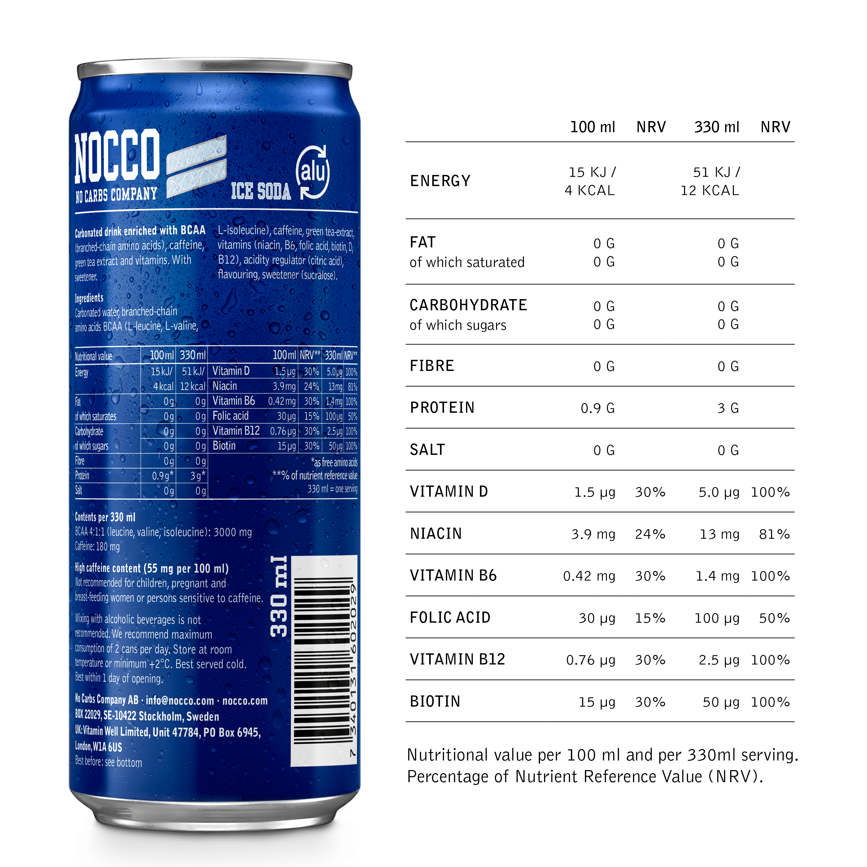 Nocco Ice soda nutritional information